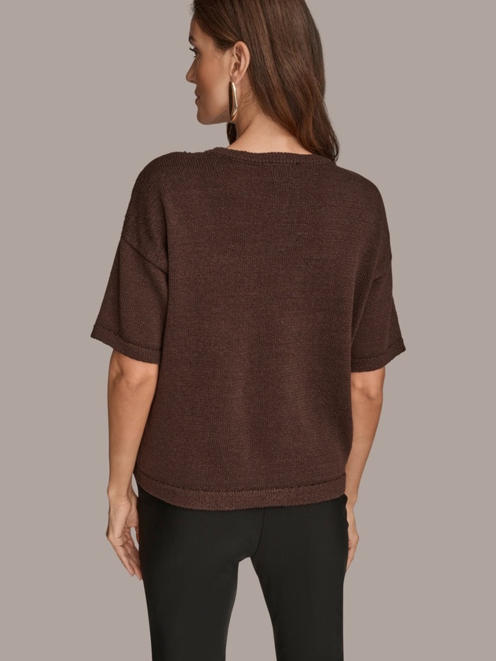 Donna Karan Sequin-Paneled Diamond Stitch Sweater in Chocolate Brown NWT - Picture 4 of 11